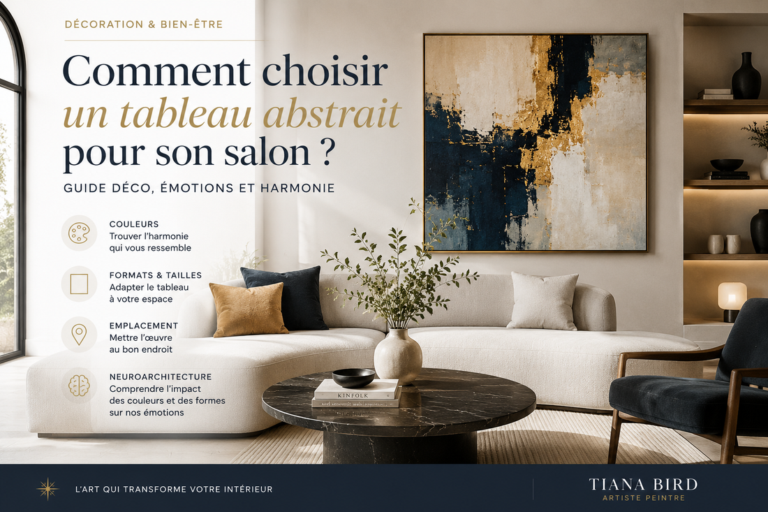 Salon contemporain élégant avec tableau abstrait mural et décoration harmonieuse. Illustration du guide choisir un tableau abstrait selon couleurs, format.