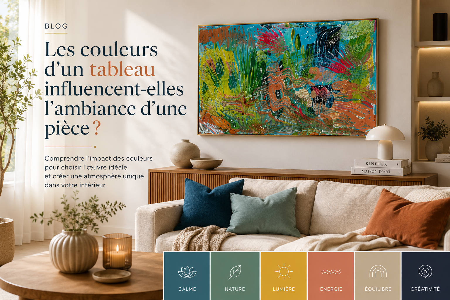 Tableau abstrait coloré dans un salon moderne illustrant comment les couleurs d’une œuvre influencent l’ambiance d’une pièce. Inspiration décoration intérieure, art abstrait contemporain et harmonie des couleurs dans le salon.