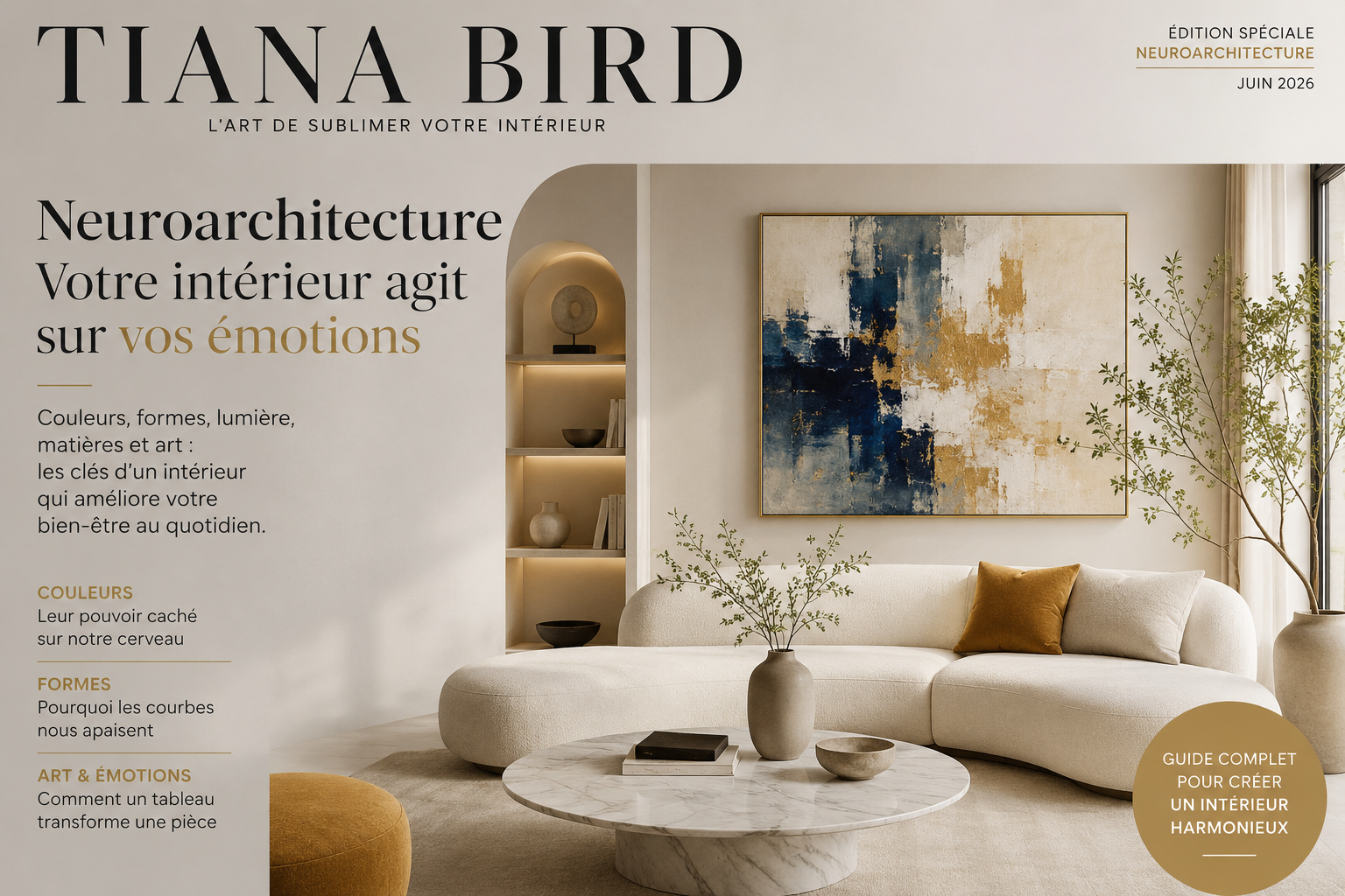 Neuroarchitecture et décoration intérieure : salon contemporain avec tableau abstrait illustrant l’influence des couleurs, des formes et de l’art sur le bien-être et les émotions dans la maison.
