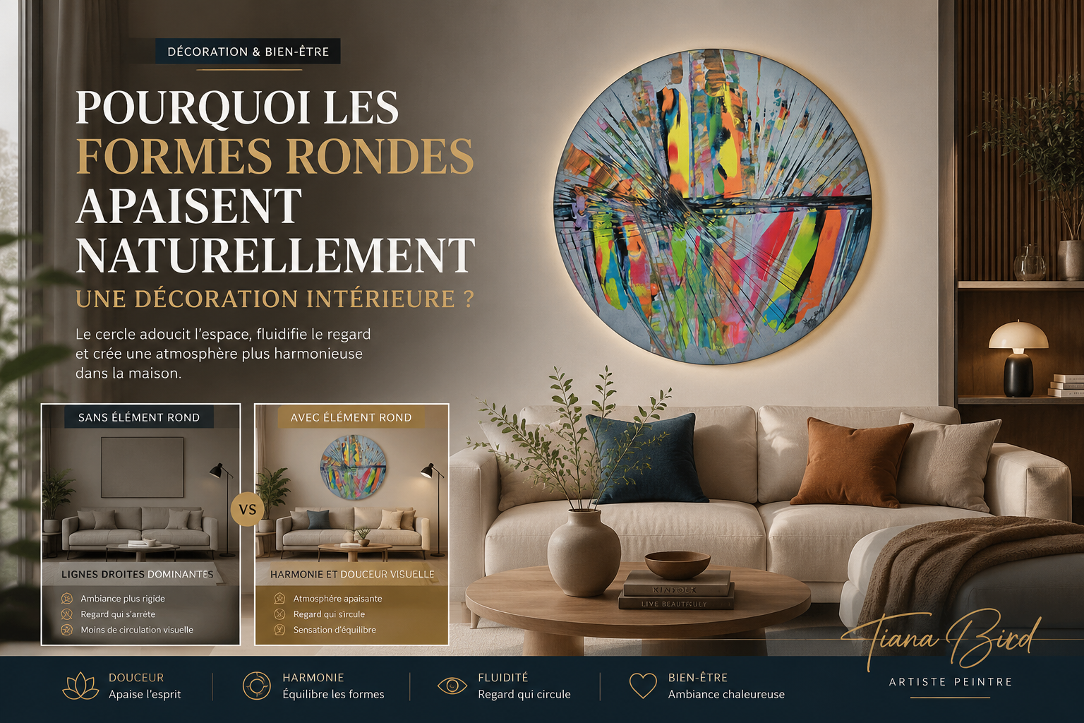 Pourquoi les formes rondes apaisent une décoration intérieure - tableau rond abstrait contemporain dans un salon moderne et harmonieux