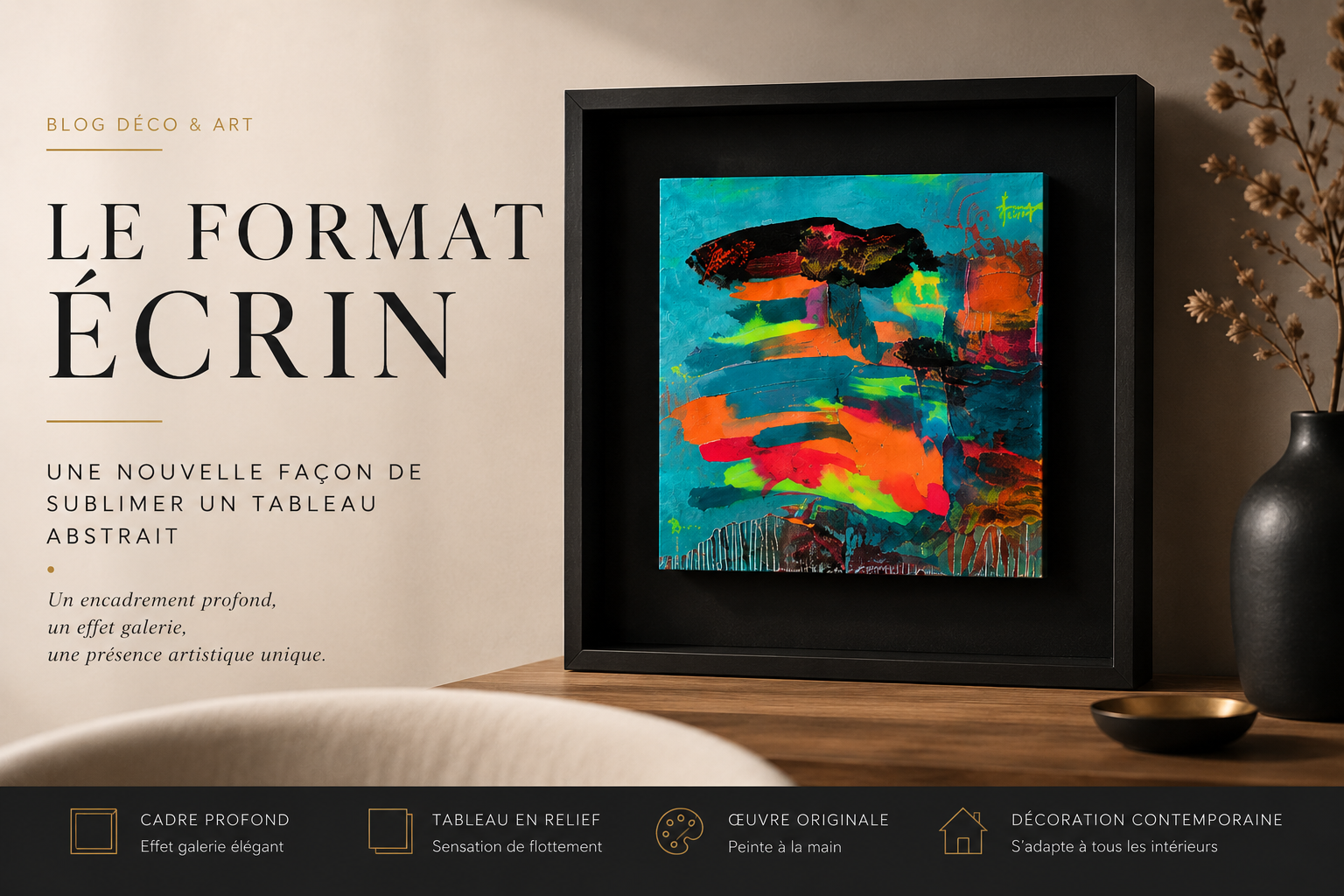 Illustration du format Écrin avec tableau abstrait contemporain encadré dans un cadre profond noir, présenté dans une décoration intérieure moderne et élégante style galerie d’art.