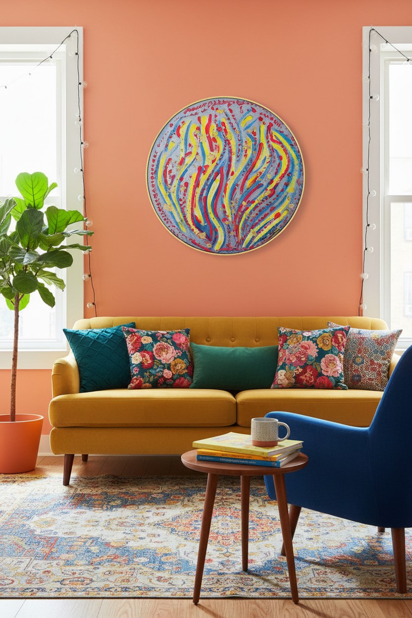 Tableau rond abstrait peinture acrylique fait main