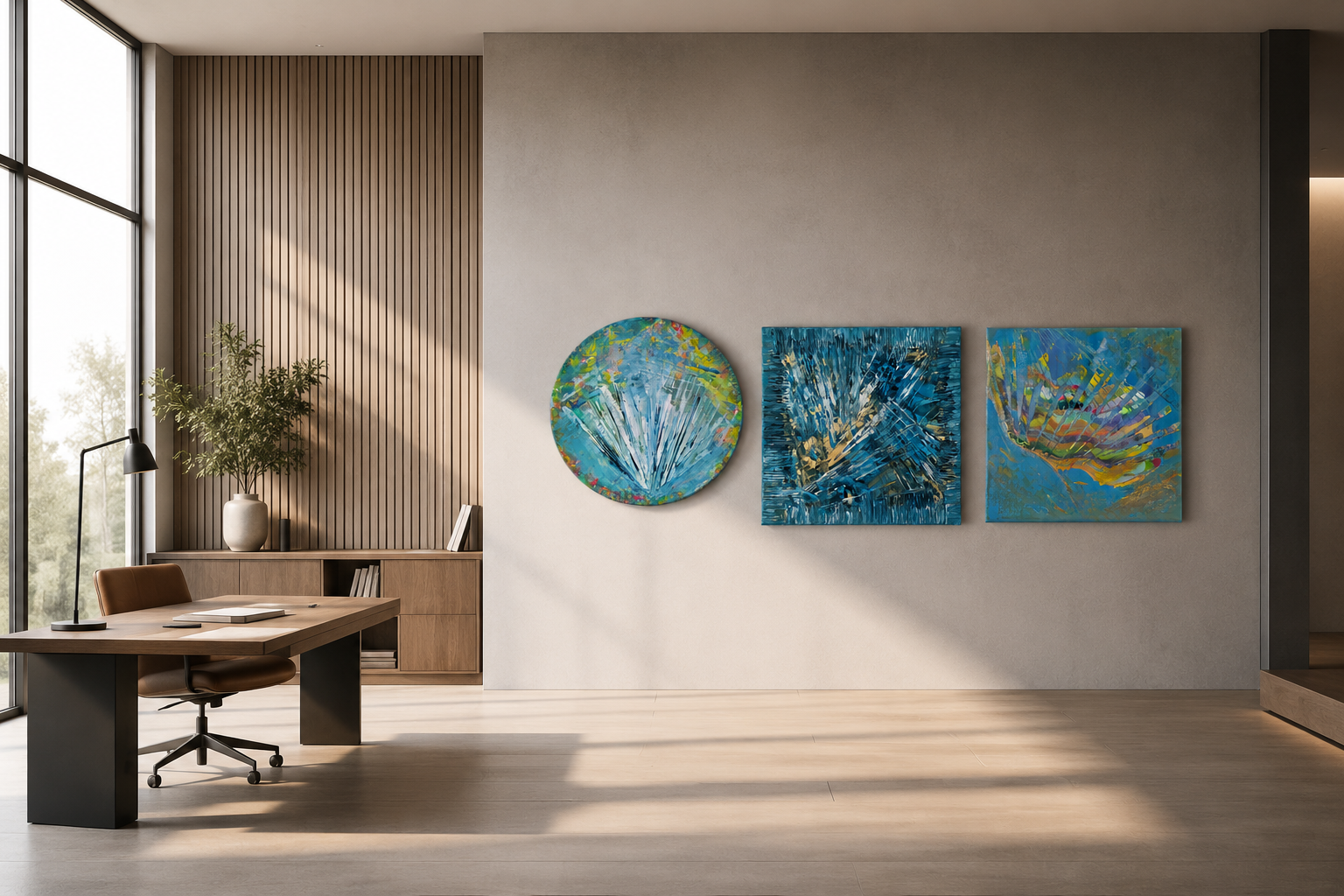 Exposition de trois tableau abstrait bleu œuvre original Tiana Bird fait a la main en peinture acrylique
