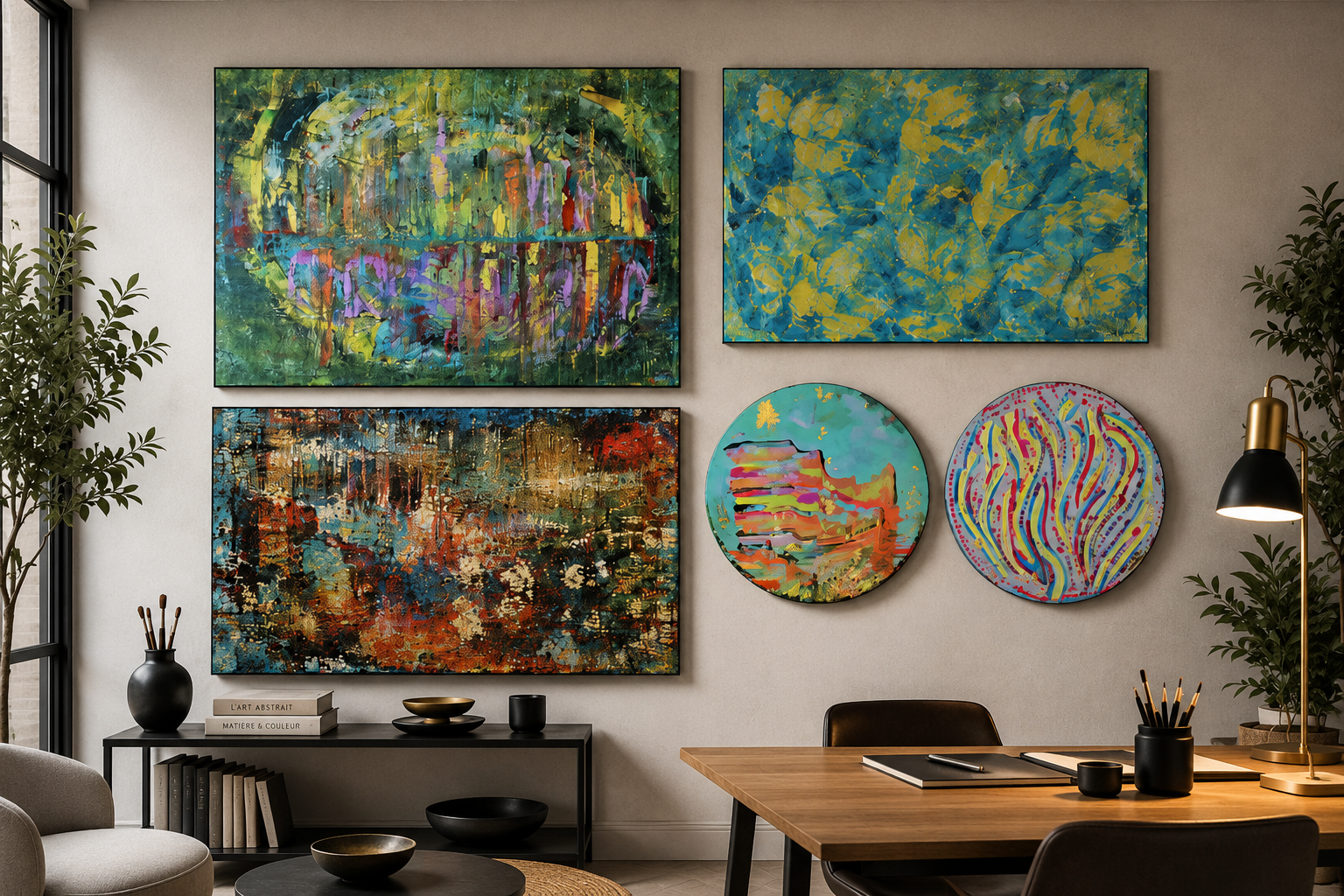 Collection de tableaux abstraits contemporains Tianabird dans un intérieur moderne et élégant, avec œuvres colorées abstraites aux textures artistiques, peintures originales décoratives pour salon, bureau créatif et décoration murale design