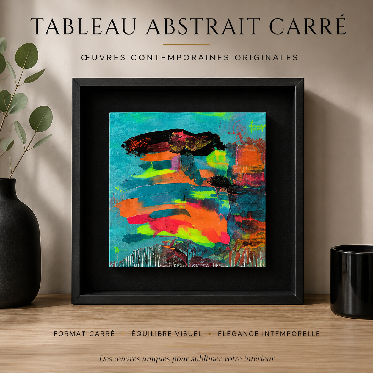 Tableau abstrait carré contemporain Écrin Néon™ avec cadre bois noir et peinture colorée moderne présenté dans une décoration intérieure élégante et minimaliste.