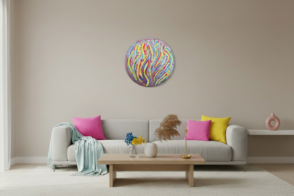 Tableau abstrait acrylique rond 50 cm – Éclat Festif™
