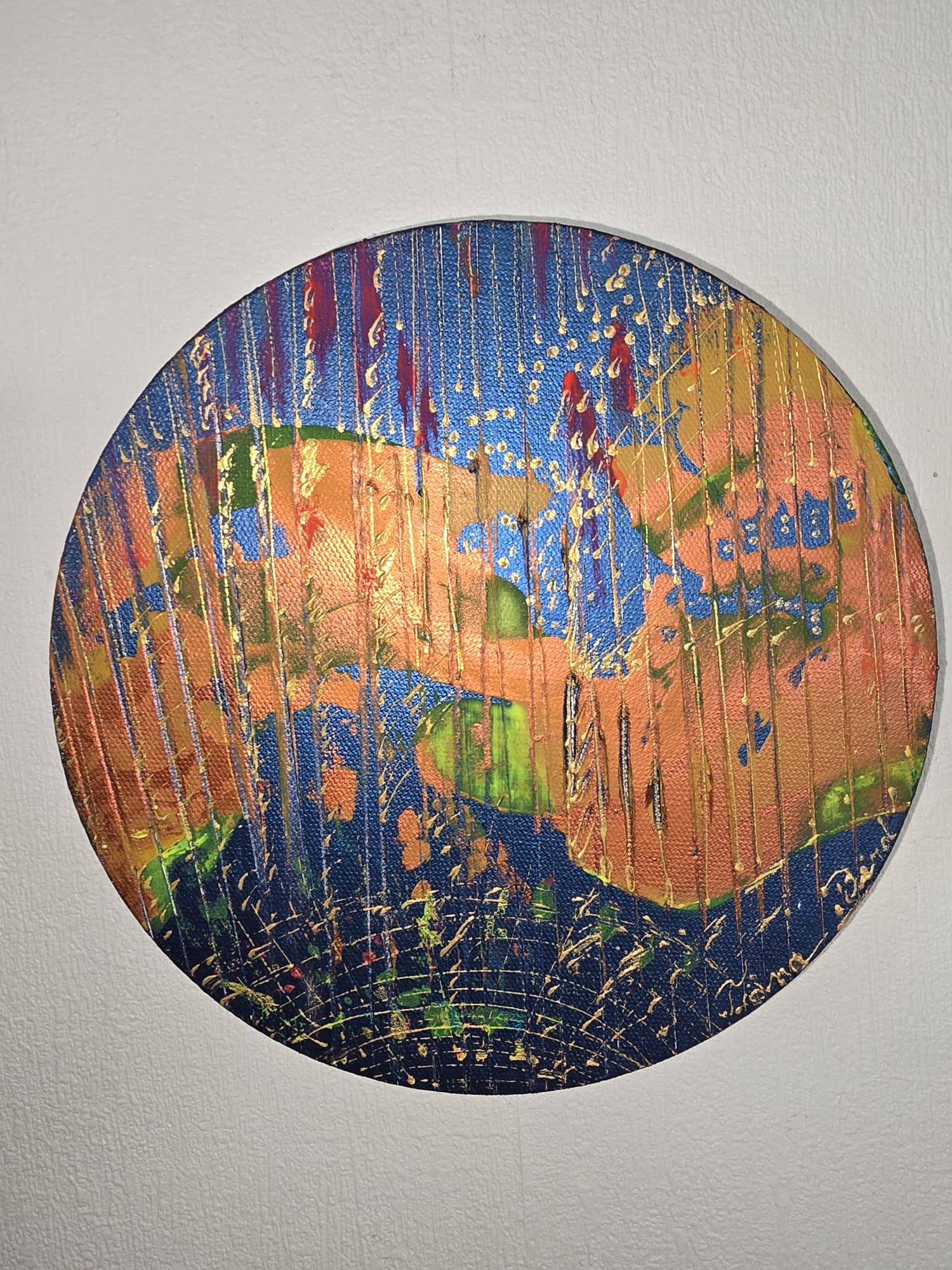 Tableau abstrait rond bleu et doré 20cm  – Éclipse Cuivrée™
