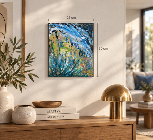 Peinture abstraite océan Déferlante d’Écume™ mise en scène dans un intérieur contemporain clair aux matières naturelles et aux tonalités douces.