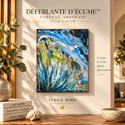 Déferlante d’Écume™, tableau abstrait vague moderne de 25 x 30 cm présenté dans une ambiance lumineuse et naturelle, œuvre originale en relief de Tiana Bird.