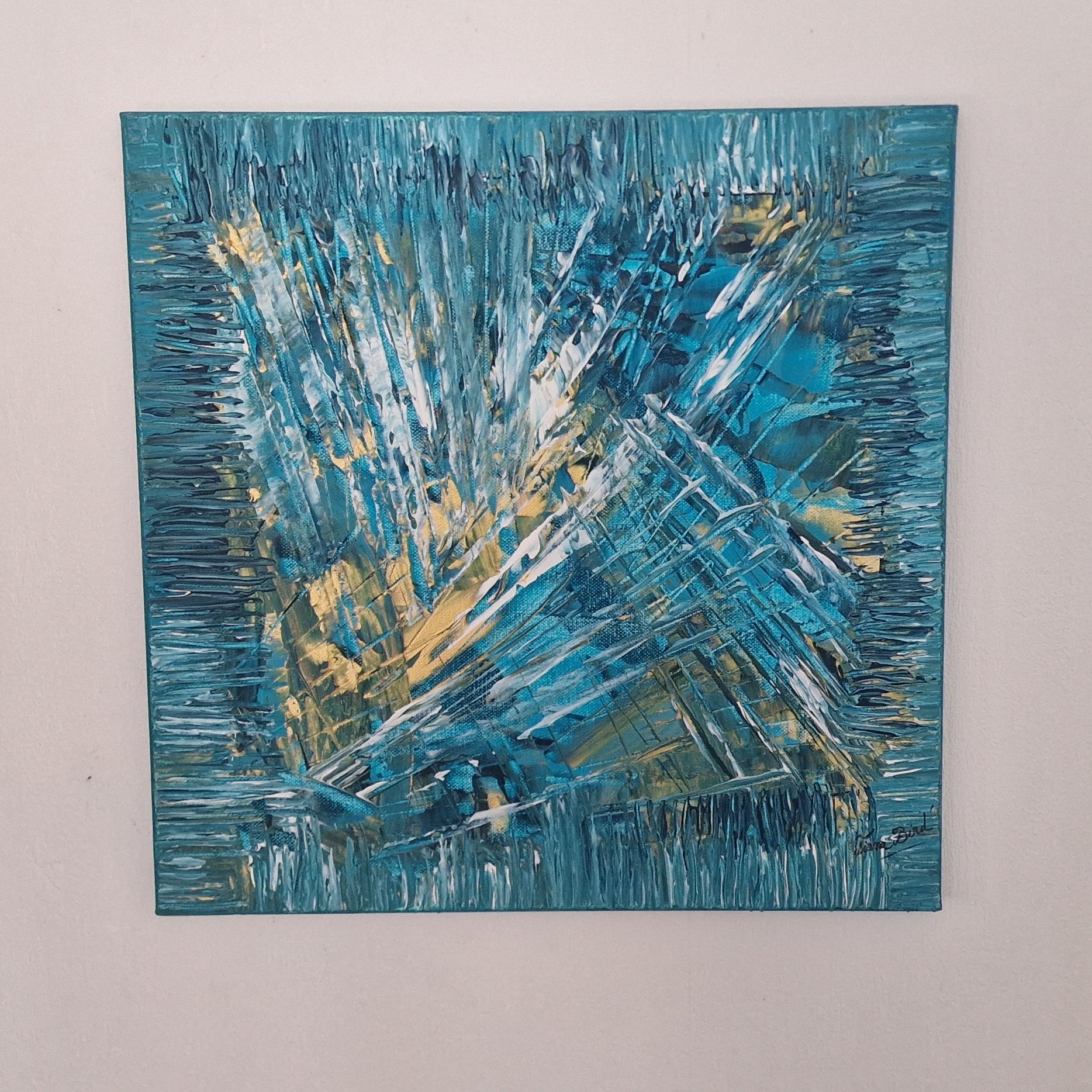 Détail des textures et reliefs du tableau abstrait bleu Souffle Polaire réalisé à la main