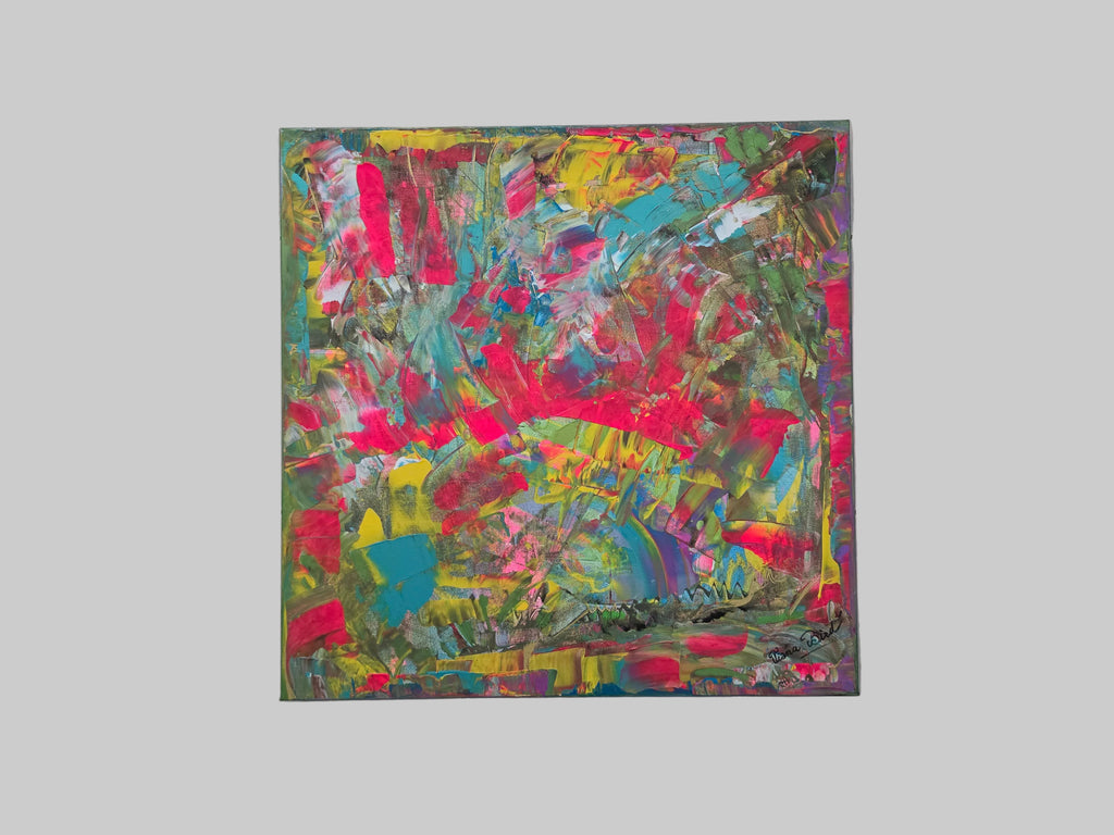 Détail de la matière et des reliefs de la peinture acrylique Éclat Arc-en-Ciel™, toile abstraite colorée moderne réalisée au couteau
