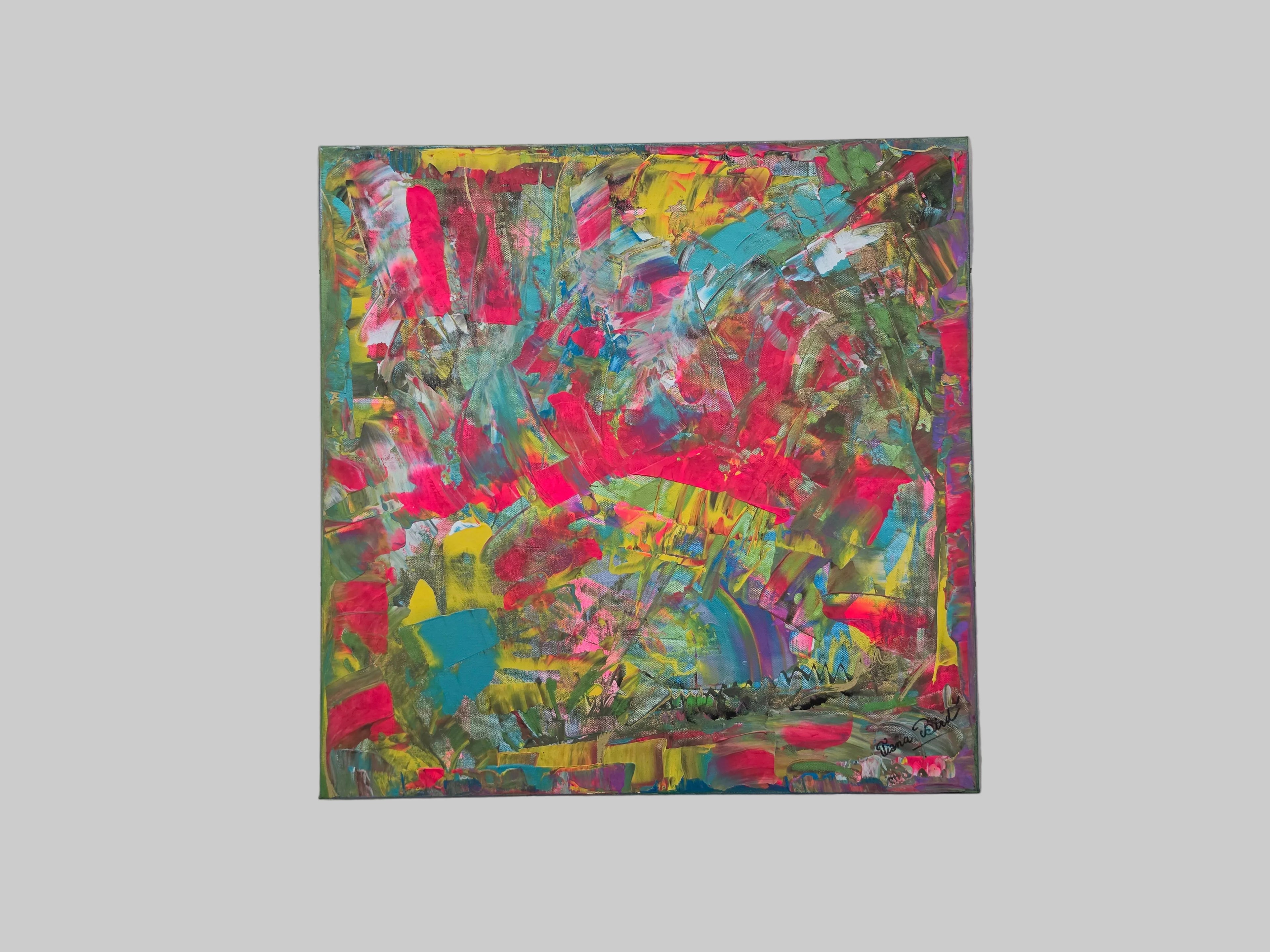 Détail de la matière et des reliefs de la peinture acrylique Éclat Arc-en-Ciel™, toile abstraite colorée moderne réalisée au couteau