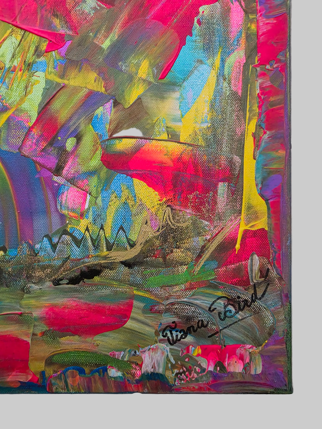 Vue rapprochée de l’œuvre originale Éclat Arc-en-Ciel™, peinture abstraite contemporaine aux couleurs éclatantes et lumineuses