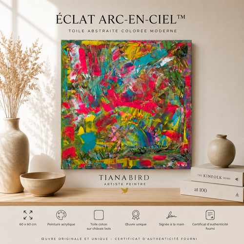 Tableau abstrait carré Éclat Arc-en-Ciel™ de 60 x 60 cm aux couleurs vives rose, turquoise, jaune et vert, œuvre originale signée Tiana Bird