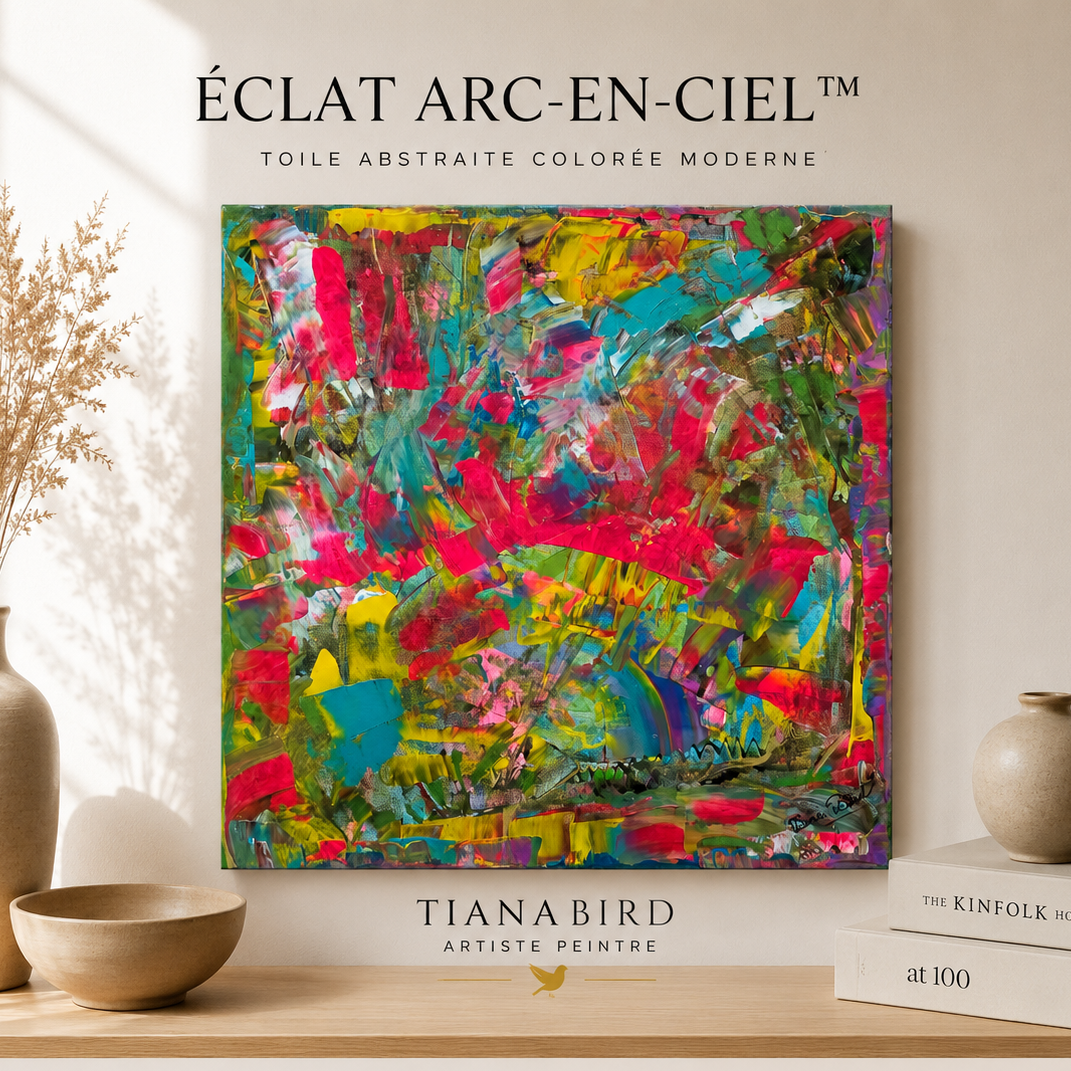 Éclat Arc-en-Ciel™, toile abstraite colorée moderne de 60 x 60 cm peinte à la main par Tiana Bird dans une mise en scène décorative contemporaine