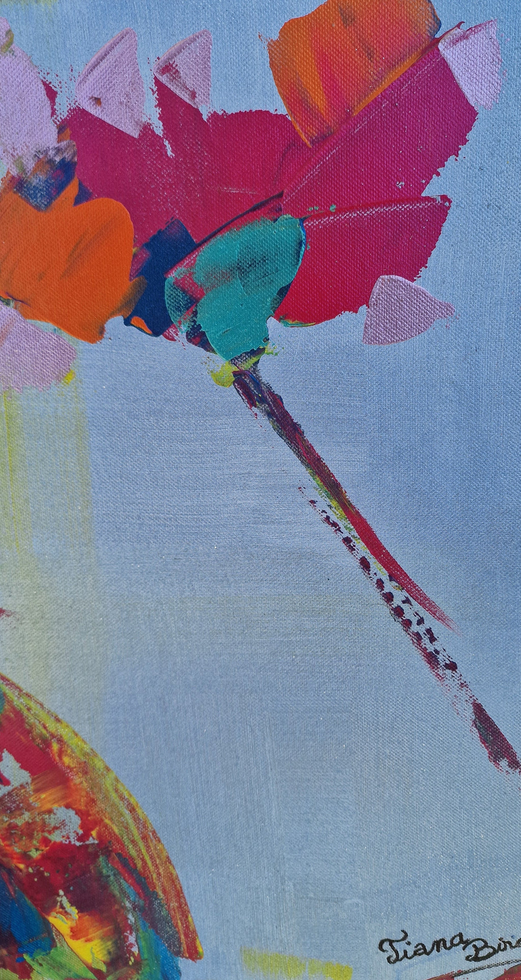 Zoom sur les formes florales abstraites et les couleurs vives du tableau contemporain Éclat Nomade™