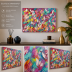 Grand tableau abstrait moderne acrylique Éclats de Printemps™ en format 80x60 cm présenté dans un salon élégant avec décoration contemporaine et couleurs vives artistiques.