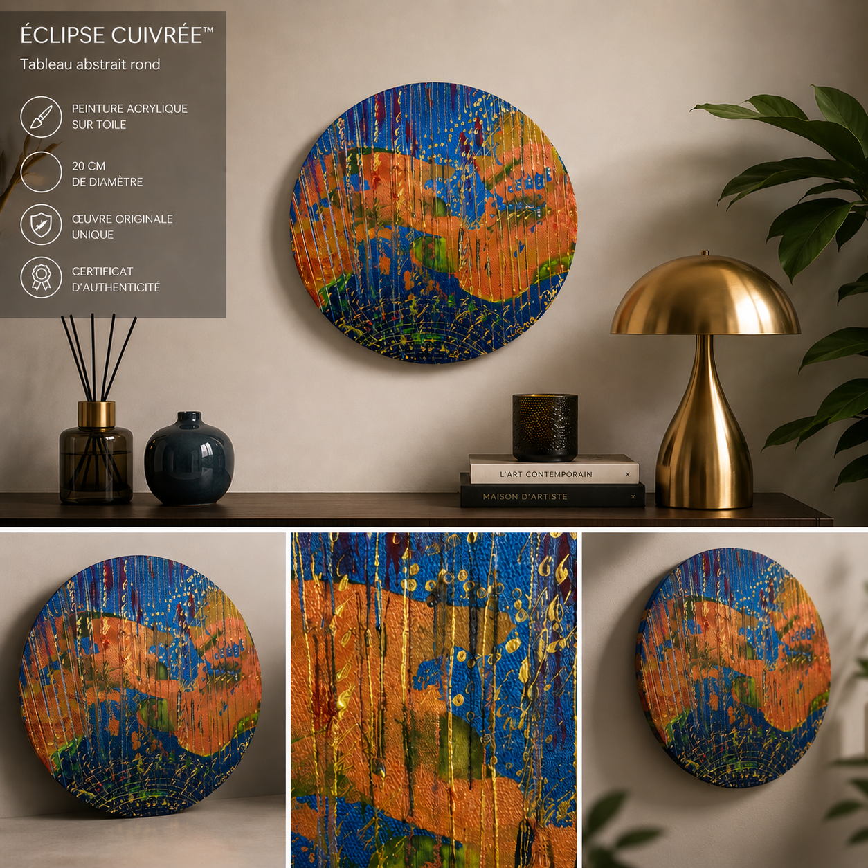 Tableau abstrait rond bleu et doré 20cm  – Éclipse Cuivrée™