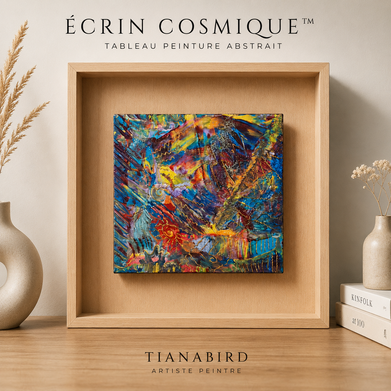 Écrin Cosmique tableau peinture abstrait carré original dans un support bois naturel création contemporaine colorée signée Tiana Bird