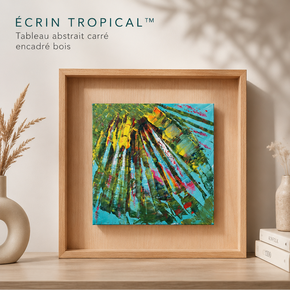 Tableau abstrait carré Écrin Tropical avec cadre profond en bois naturel et peinture abstraite colorée contemporaine signée Tiana Bird.