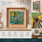 Présentation artistique du tableau peinture abstraite Écrin Tropical avec détails du cadre bois naturel et mise en scène décoration contemporaine.