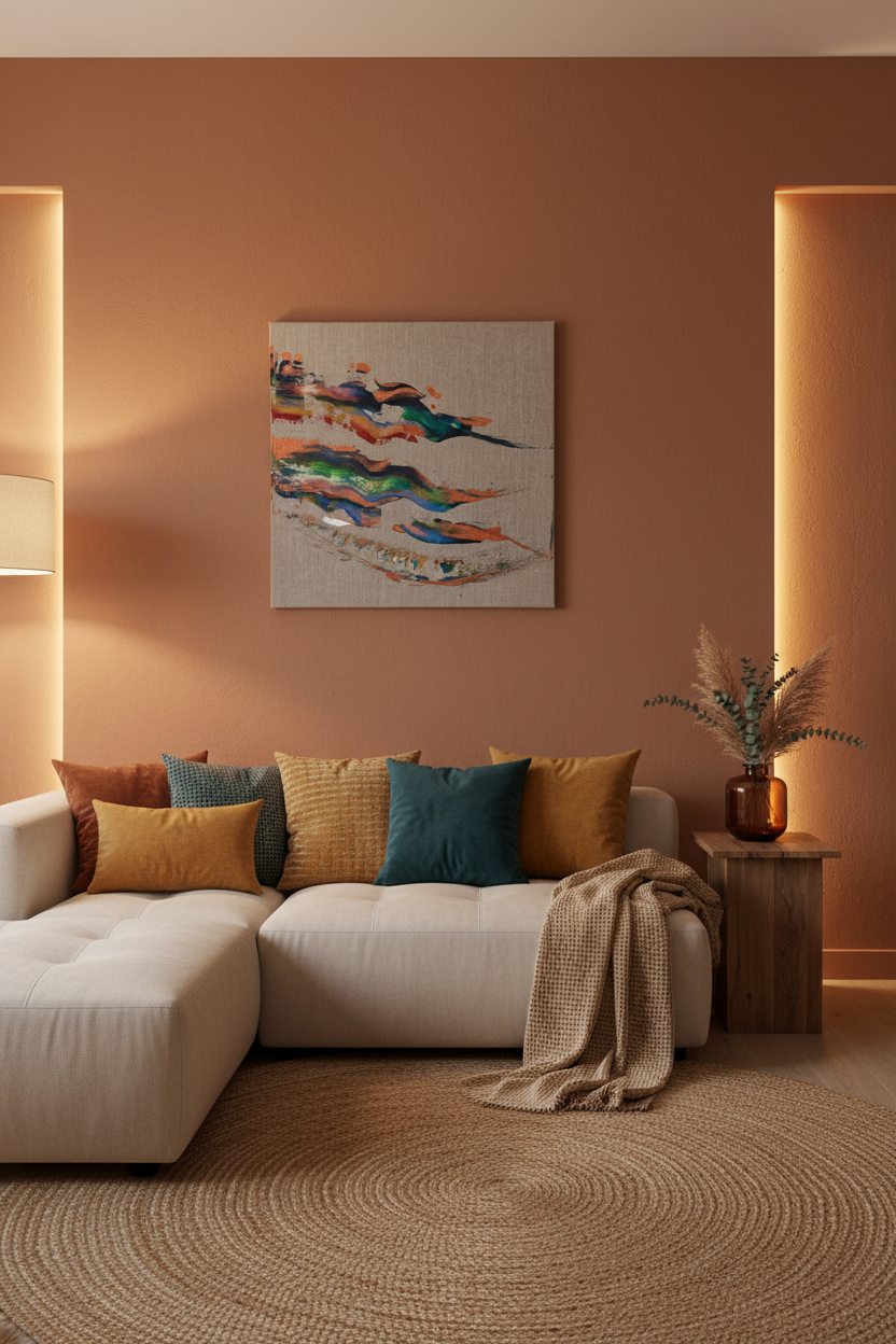 Tableau cuivre et bleu Élan Minéral™ installé dans un intérieur contemporain et épuré, format carré 40 x 40 cm sur toile de lin apparente.