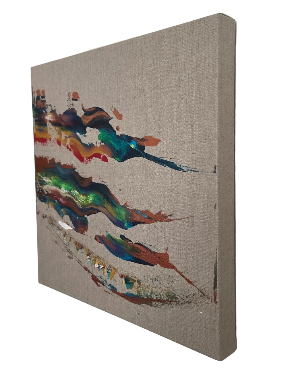 Vue de profil d’Élan Minéral™, peinture acrylique originale de 40 x 40 cm sur toile de lin apparente, sans encadrement.