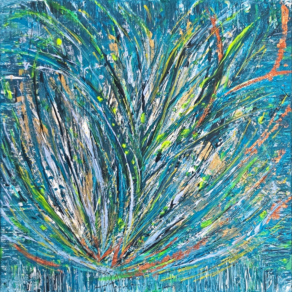 Gros plan sur les textures et les feuilles cuivrées du tableau abstrait bleu vert carré Émeraude Cuivrée™, œuvre originale réalisée à la main.