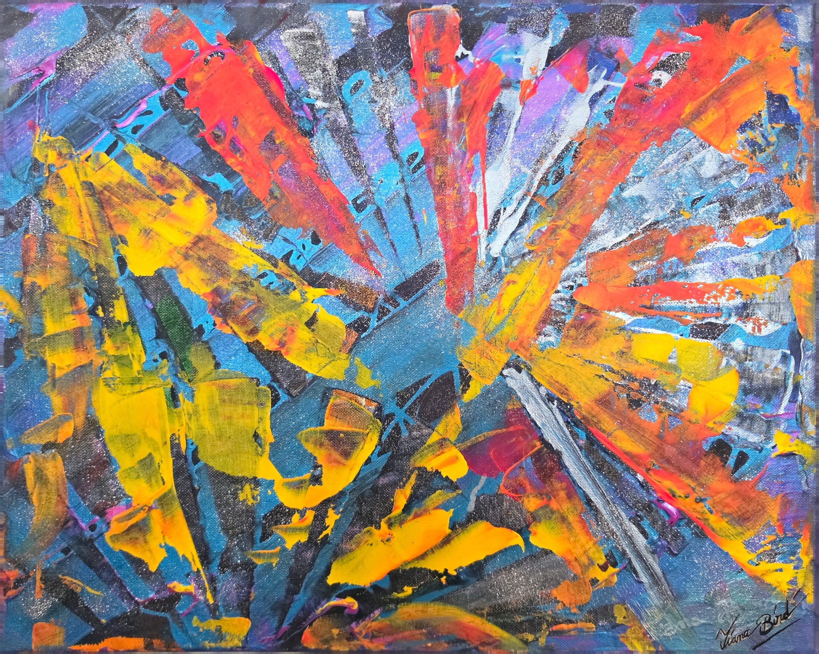 Détail du tableau abstrait lumineux Explosion Chromatique™ révélant les textures, les paillettes et les nuances éclatantes de la composition.