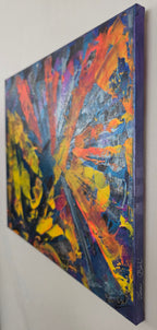 Perspective du tableau Explosion Chromatique™ montrant les reliefs de la peinture acrylique et les reflets lumineux qui évoluent selon l'éclairage.