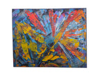 Vue de face de Explosion Chromatique™, peinture abstraite originale aux couleurs bleu, jaune, orange et rouge avec effets scintillants.