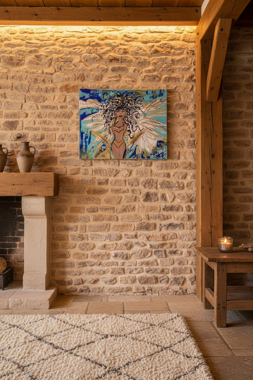Femme Céleste™, une peinture qui va dans tout les intérieures vue sur un mure en pierre.