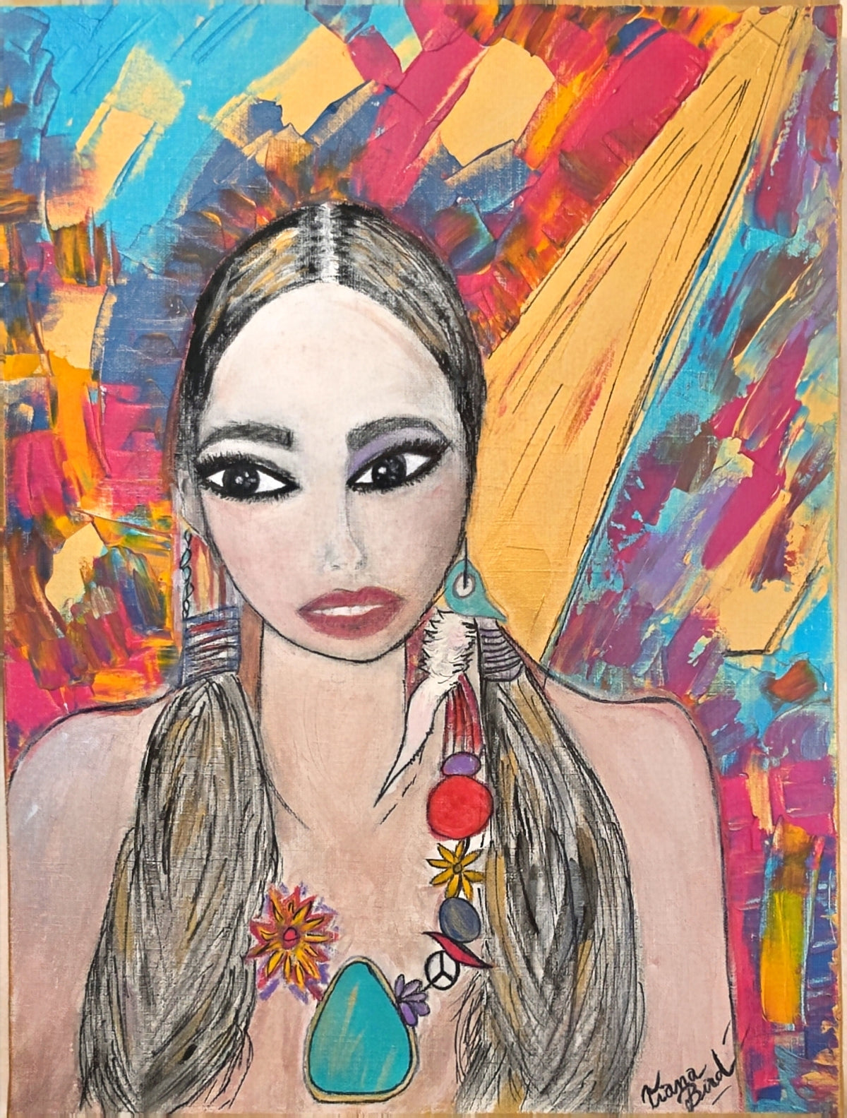 Vue de face de Femme Lumière™, peinture femme colorée originale représentant un portrait féminin contemporain entouré de couleurs vives.