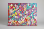 Grand tableau peinture abstraite acrylique sur toile coton monté sur châssis bois avec composition expressive et couleurs lumineuses.