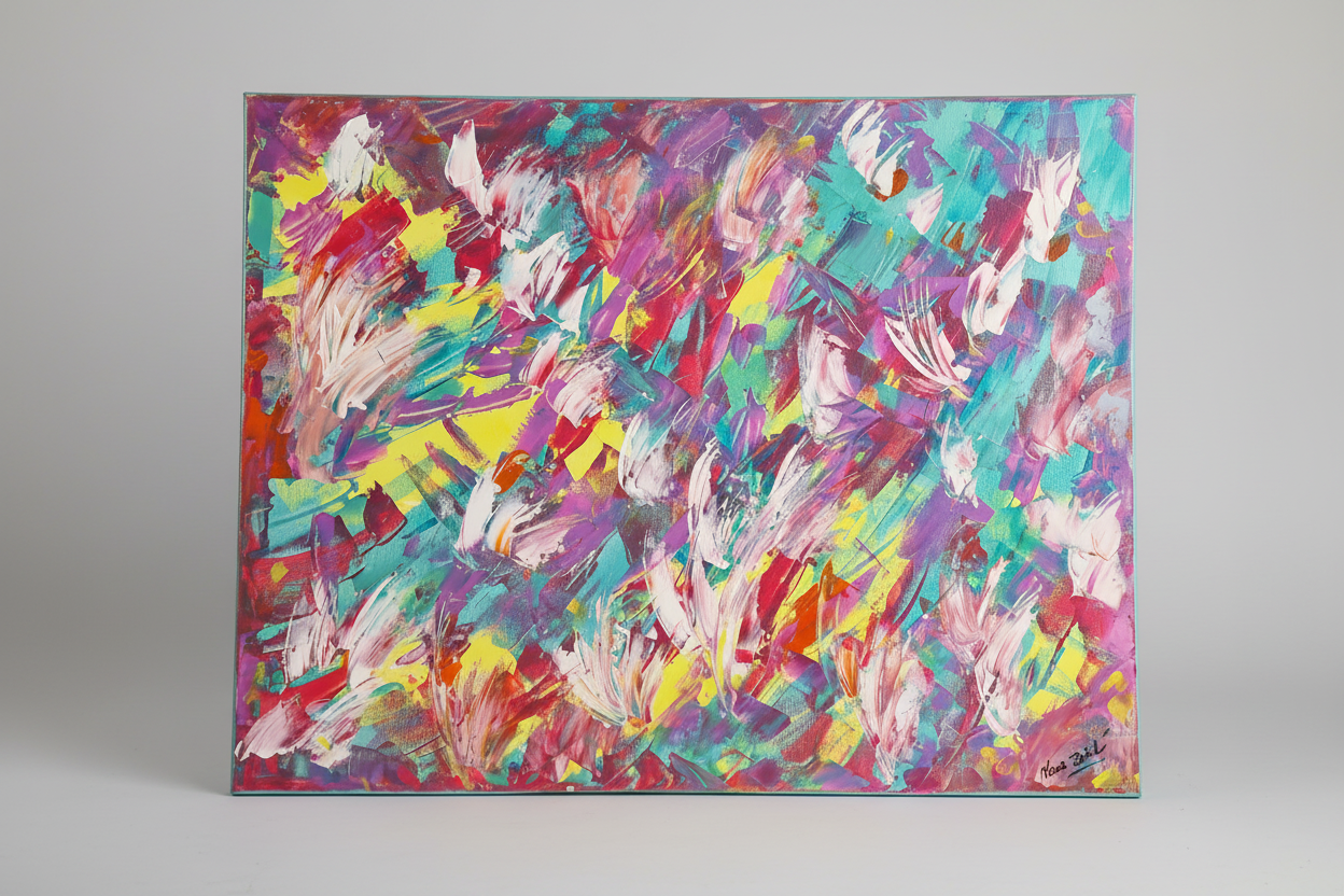 Grand tableau peinture abstraite acrylique sur toile coton monté sur châssis bois avec composition expressive et couleurs lumineuses.