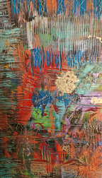 Gros plan sur les reliefs et la matière du tableau abstrait moderne coloré avec feuille dor