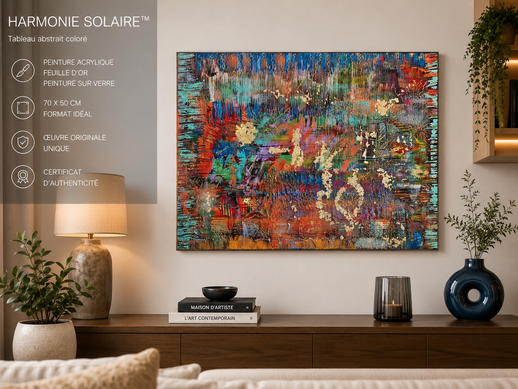 Tableau abstrait moderne coloré Harmonie Solaire dans un salon contemporain avec décoration design et ambiance artistique haut de gamme