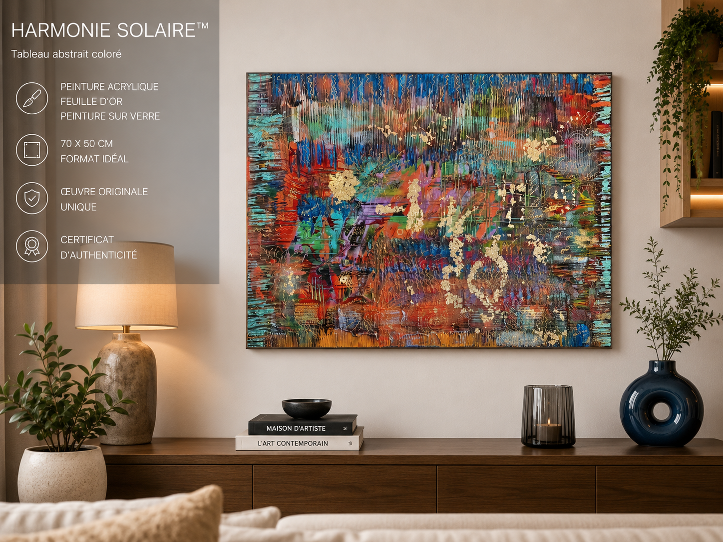 Tableau abstrait moderne coloré Harmonie Solaire dans un salon contemporain avec décoration design et ambiance artistique haut de gamme