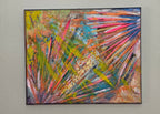 Vue détaillée du tableau abstrait Horizon Florale™ révélant les reliefs, les jeux de matière et les nuances lumineuses de rose, vert et bleu.