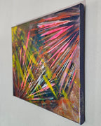 Vue latérale du tableau abstrait Horizon Florale™ montrant l'épaisseur de la toile coton montée sur châssis bois et les détails de peinture acrylique.