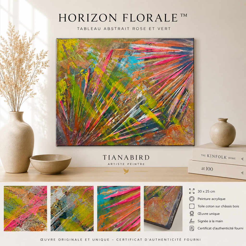 Fiche de présentation Horizon Florale™ avec caractéristiques de l'œuvre originale, dimensions 30 x 25 cm, toile coton et certificat d'authenticité.