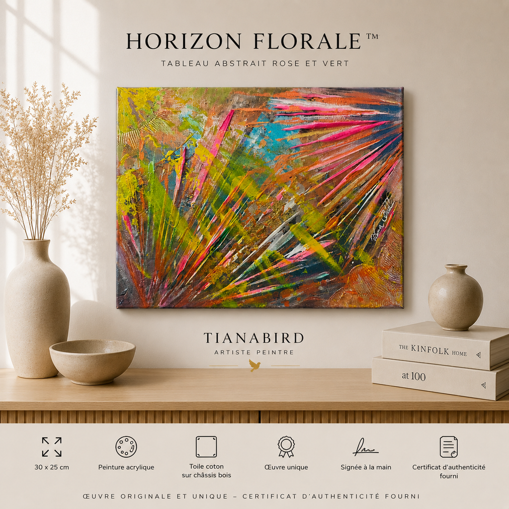 Horizon Florale™ tableau abstrait rose et vert peint à la main sur toile coton 30 x 25 cm présenté dans un intérieur élégant style contemporain.