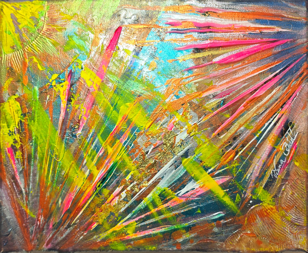 Gros plan sur les textures et reliefs du tableau abstrait Horizon Florale™ avec effets de matière et couleurs éclatantes appliquées à l'acrylique.