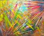 Gros plan sur les textures et reliefs du tableau abstrait Horizon Florale™ avec effets de matière et couleurs éclatantes appliquées à l'acrylique.