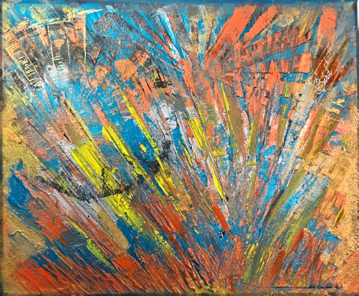 Gros plan sur les textures, les reliefs et les nuances colorées du tableau abstrait Horizon Incandescent™, œuvre originale réalisée à l’acrylique sur toile coton.