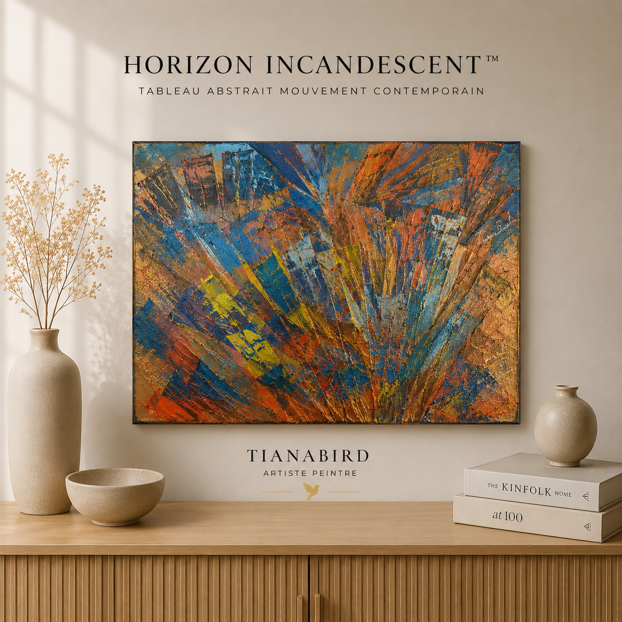 Horizon Incandescent™, tableau abstrait mouvement contemporain peint à la main par Tiana Bird, œuvre originale rectangulaire aux nuances bleu, cuivre, jaune et orange présentée dans un intérieur élégant.