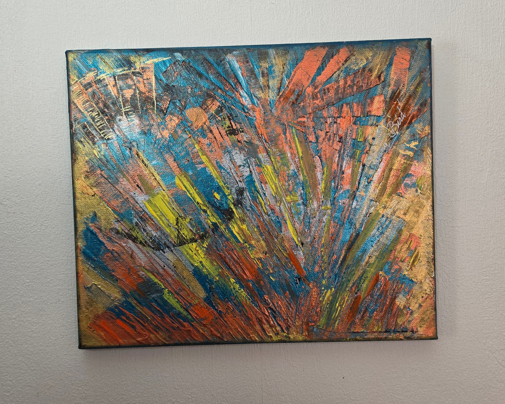 Vue de face du tableau abstrait rectangulaire Horizon Incandescent™ de Tiana Bird, peinture contemporaine originale aux couleurs bleu turquoise, cuivre, orange et jaune lumineux.