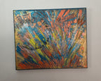 Vue de face du tableau abstrait rectangulaire Horizon Incandescent™ de Tiana Bird, peinture contemporaine originale aux couleurs bleu turquoise, cuivre, orange et jaune lumineux.
