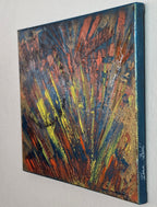 Vue latérale du tableau Horizon Incandescent™ mettant en valeur les reliefs de peinture au couteau, la texture de la toile coton et le travail artisanal de l’artiste peintre Tiana Bird.