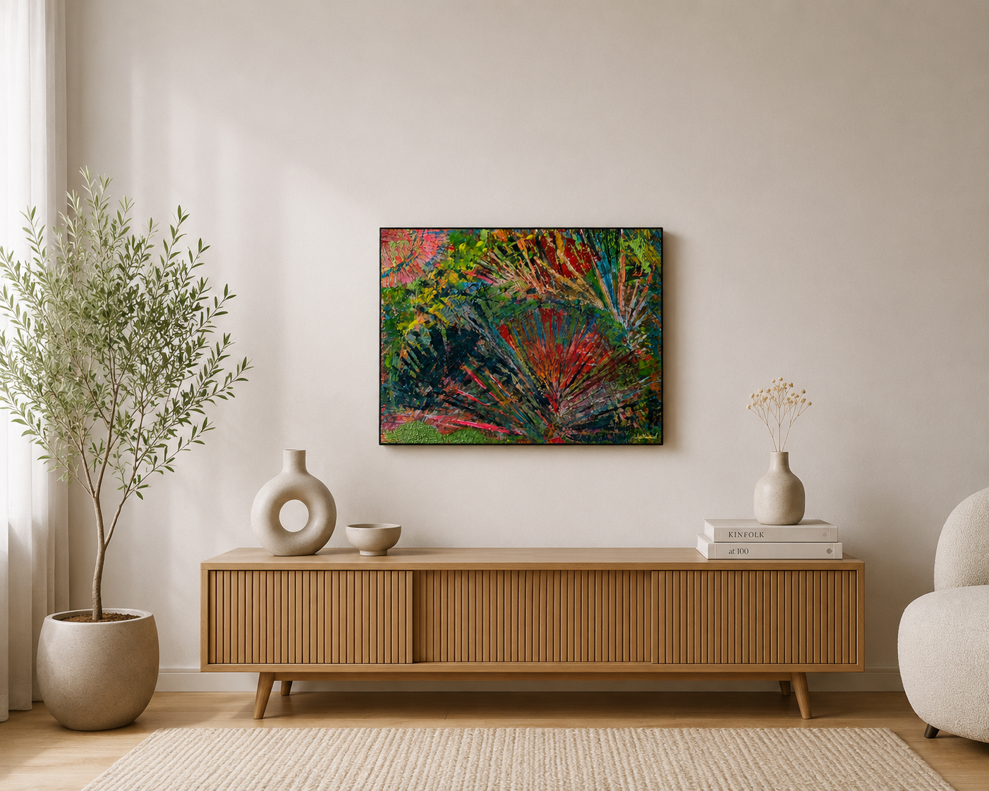 Tableau abstrait moderne Jardin Astral™ présenté dans un intérieur contemporain lumineux avec décoration minimaliste